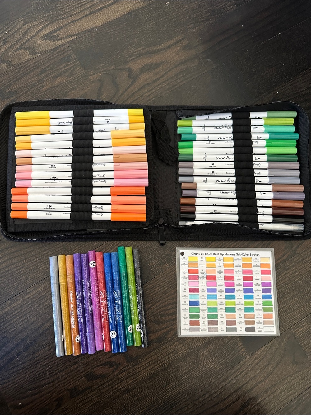 Ohuhu Pupe 60 Waterbased Marker set & 12 Ohuhu Glitter Pen Set like NEW & Case